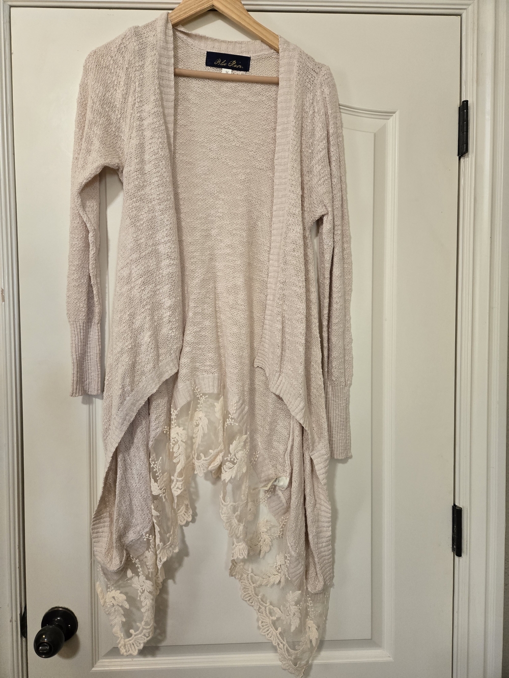 Blue Rain Soft Cream Pink Lace-Trim Draped Open Cardigan Fall Cozy Cotton